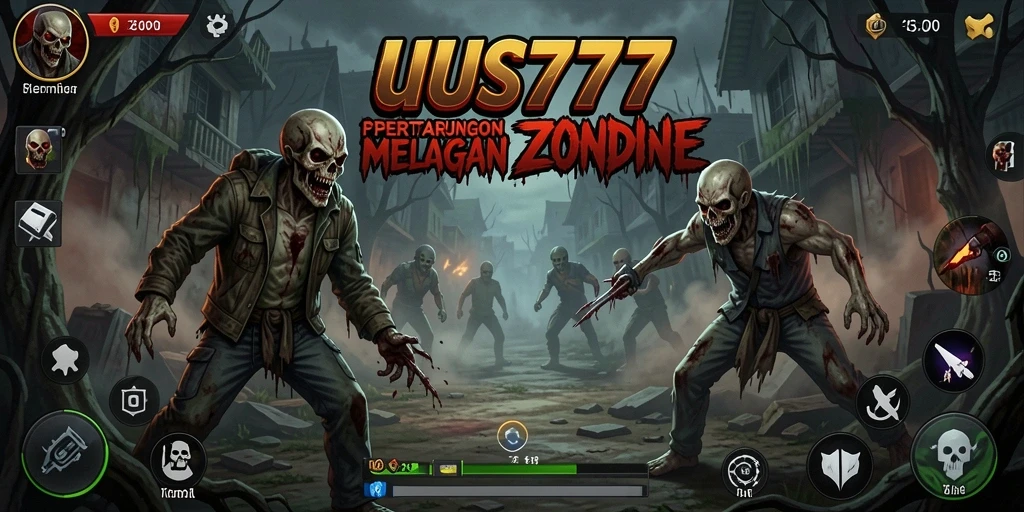 Screenshot UUS777 menampilkan pertempuran seru melawan zombie.